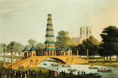 चीनी पुल और शिवालय, 1814 की शानदार शांति की स्मृति में पार्क में बनाया गया, मैथ्यू डबॉर्ग द्वारा उकेरा गया (fl.1785-20) द्वारा जॉन हीविसाइड (बाद) क्लार्क