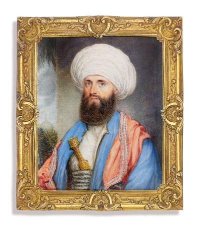 जेम्स सिल्क बकिंघम (1786-1855), एक हल्के नीले रंग के कोट के साथ सफेद शर्ट में, उसके कंधों के चारों ओर गुलाबी कशीदाकारी शाल और एक कम्बल के साथ एक सफेद पगड़ी, अपने कम्बुंड में सुरक्षित, एक मस्जिद के साथ लैंडस्केप बैकग्राउंड द्वारा जॉन जुकेस
