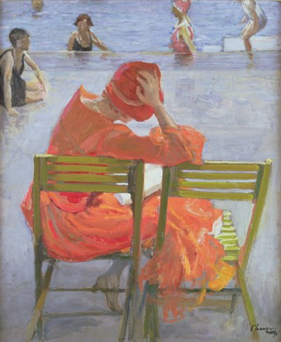 एक स्विमिंग पूल द्वारा पढ़ने वाली लाल पोशाक में लड़की द्वारा John Lavery