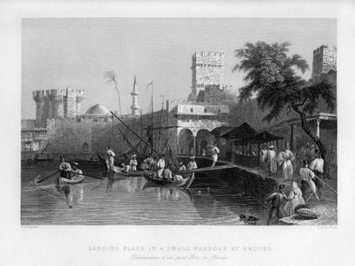 1841 में रोड्स, ग्रीस में एक छोटे बंदरगाह में एक लैंडिंग जगह। द्वारा जॉन ले क्यूक्स