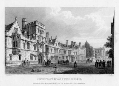 ऑल सोल्स कॉलेज, ऑक्सफोर्ड विश्वविद्यालय, 1834 के दक्षिण सामने। द्वारा जॉन ले क्यूक्स
