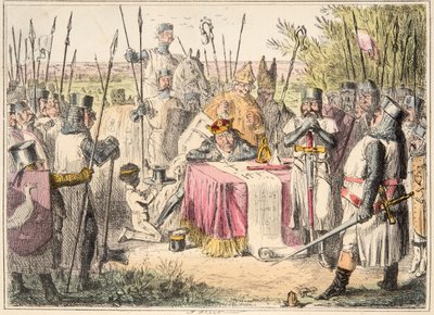 इंग्लैंड के कॉमिक हिस्ट्री से किंग जॉन साइनिंग मैग्ना कार्टा, पब। 1864 (हाथ के रंग का नक़्क़ाशी) द्वारा जॉन लीचो