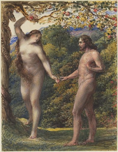 ईव को एडम के लिए निषिद्ध फल की पेशकश, 1830-35 (wc कागज पर ग्रेफाइट से अधिक बॉडी कलर के साथ पेन और ब्राउन स्याही द्वारा जॉन लिननेल