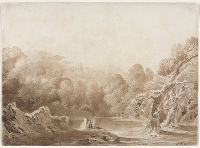 एक आदमी एक झील के बगल में अन्य आकृतियों के साथ एक हार्प बजाना, 1820। द्वारा जॉन मार्टिन