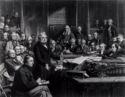 1860 में हाउस ऑफ कॉमन्स: फ्रांस के साथ संधि पर बहस के दौरान लॉर्ड पामरस्टन ने सभा को संबोधित किया, फॉकनर, 1863 द्वारा उत्कीर्ण किया गया (देखें 42219 और 107821 द्वारा जॉन फिलिप