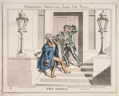 क्रॉकफोर्ड क्लब, लंदन, 1829 की सीढ़ियों पर दो शराबी मौजी का दृश्य द्वारा जॉन फिलिप्स