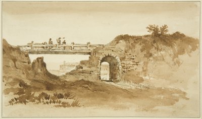 न्यू गाओल के सामने कोरोनेशन रोड पर अस्थायी पुल, c.1821 (कागज पर पेंसिल और सीपिया वॉश) द्वारा जॉन रेवरेंड एडेन