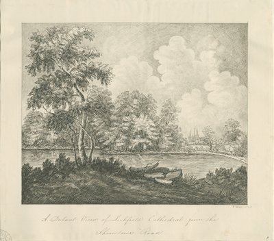 लिचफील्ड कैथेड्रल - पश्चिम दक्षिण पश्चिम दृश्य (दूर): पेन ड्राइंग द्वारा जॉन रॉबर्ट फर्नीफ