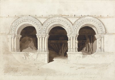 रॉरेन, नॉर्मंडी, c.1818 (कार्ड पर ग्रेफाइट, ब्राउन वॉश और पेन एंड इंक) के पास सेंट जॉर्जेस डी बॉशर्विले के क्लोइस्टर के वेस्ट साइड में मेहराब में आर्च देखें (172543 देखें) द्वारा जॉन बेच Cotman