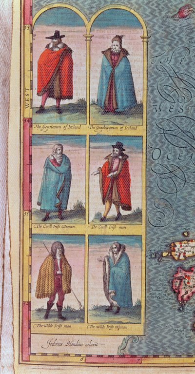 आयरिश &39;टाइप्स&39;, द किंगडम ऑफ आयरलैंड से विस्तार से, जोकस होंडियस (1563-1612) द्वारा उत्कीर्ण, &39;थिएटर ऑफ़ द एम्पायर ऑफ़ ग्रेट ब्रिटेन&39;, पब से। जॉन सुदबरी और जॉर्ज विनम्र द्वारा, 1610 (रंगीन एन द्वारा जॉन स्पीड