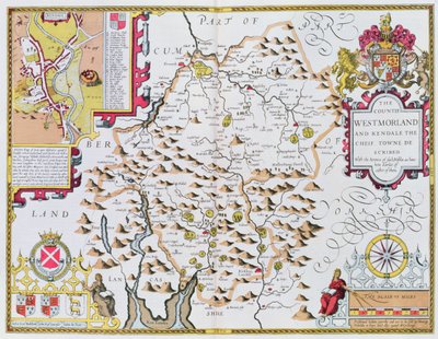 वेस्टमोरलैंड की काउंट्री, जोकोकस होंडियस (1563-1612) द्वारा उत्कीर्ण, ग्रेट ब्रिटेन के साम्राज्य के जॉन स्पीड थियेटर से। जॉन सुदबरी और जॉर्ज विनम्र द्वारा, १६११-१२ (हाथ से रंगा तांबा उत्कीर्ण द्वारा जॉन स्पीड