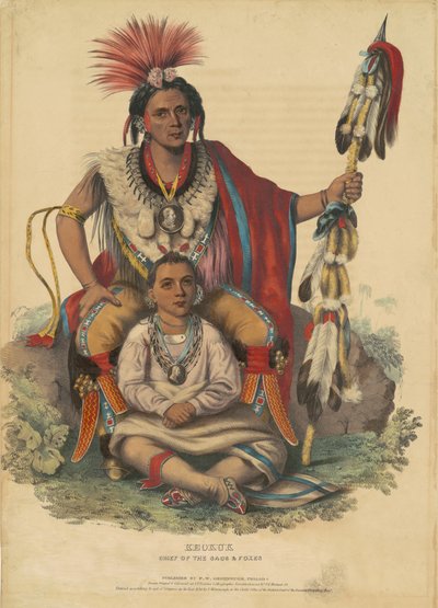 केओकुक, चीफ ऑफ द सैक्स एंड फॉक्स, 1838 (हाथ से बने रंग का लिथोग्राफ पेपर पर) द्वारा जॉन टी। बोवेन