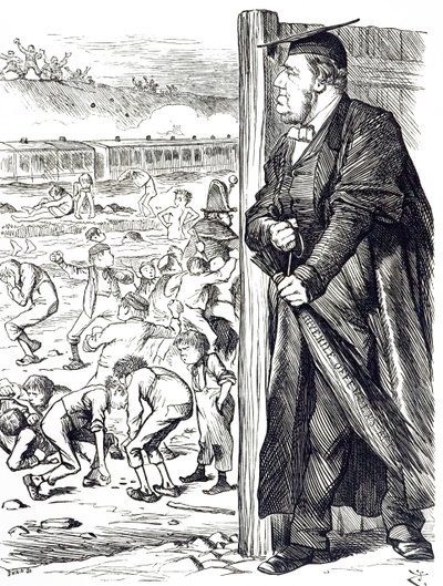 विलियम वर्नोन हार्कोर्ट (1827-1904) को चित्रित करने वाला एक कार्टून, जब गृह सचिव ने किशोर अपराधियों के लिए नजरबंदी के बजाय बर्च की शुरूआत की सिफारिश की थी। जॉन टेनियल (1820-1914) द्वारा चित्रित एक अंग्रेजी चित्रकार, ग्राफिक ह्यूमरिस्ट, एक द्वारा जॉन टेनिएल