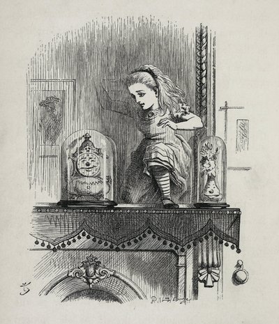 एलिस ट्रैवर्सिंग द मिरर - इन "" ऐलिस एडवेंचर्स इन वंडरलैंड एंड थ्रू द लुकिंग ग्लास "" लुईस कैरोल द्वारा, जॉन टेनियल द्वारा चित्रण (1820-1914) द्वारा जॉन टेनिएल