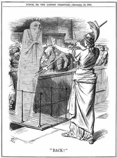 ब्रिटानिया ब्रिटिश बंदरगाहों पर हैजा को रोक रहा है। 1892 के प्रकोप में रूस में लगभग 260,000 और हैम्बर्ग में 7,600 लोग मारे गए। ब्रिटेन में इस महामारी को रोका गया था। पंच लंदन से जॉन टेनियल कार्टून 10 सितंबर 1892। द्वारा जॉन टेनिएल