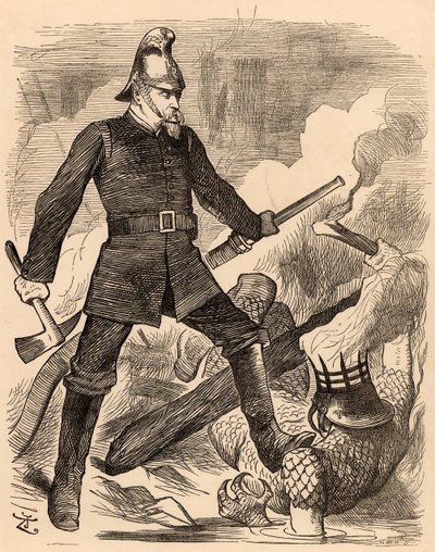 आइरे मैसी शॉ फाइटिंग फायर, "पंच" लंदन से, 20 अगस्त 1887 (उत्कीर्णन) द्वारा जॉन टेनिएल