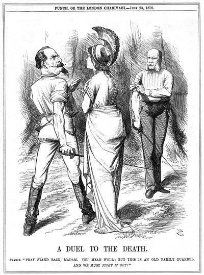 फ्रेंको-प्रुशियन युद्ध 1870-1871: ब्रिटानिया ने नेपोलियन III को जर्मनी के साथ युद्ध शुरू करने से रोकने की कोशिश की। फ्रांसीसी घोषणा बर्लिन को दी गई 19 जुलाई, उद्घोषणा 23 जुलाई। पंच, लंदन से जॉन टेनियल कार्टून, 23 जुलाई 1870। उत्कीर्णन द्वारा जॉन टेनिएल
