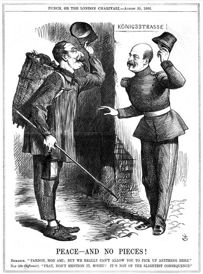 नेपोलियन III, फ्रांसीसी सम्राट 1852-1870, एक कूड़ा बीनने वाले (शिफ़ोनियर) के रूप में तैयार किया गया था, जिसे प्रशिया के चांसलर ओटो वॉन बिस्मार्क ने चेतावनी दी थी। नेपोलियन की क्षेत्रीय महत्वाकांक्षाओं के कारण 1870-71 का फ्रेंको-प्रशिया युद्ध हुआ। पंच, लंदन द्वारा जॉन टेनिएल