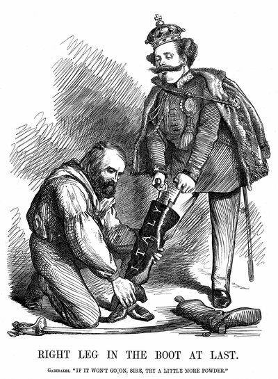इटली का एकीकरण: ज्यूसेप गैरीबाल्डी (1807-1882) ने विक्टर इमैनुएल II (1820-78) को इटली के बूट पर रखने में मदद की। पंच, लंदन से जॉन टेनियल कार्टून द्वारा जॉन टेनिएल