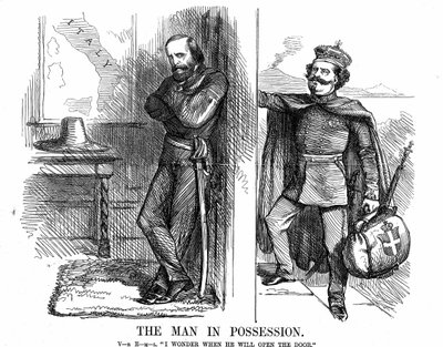 इटली का एकीकरण: विक्टर इमैनुएल II (1820-1878), फरवरी 1861 से इटली के पहले राजा, नेपल्स के दरवाजे पर दस्तक दी, जिसे गैरीबाल्डी (1807-1882) ने अपनी लाल शर्ट के साथ इटली के नए साम्राज्य की ओर से जीत लिया। पंकू से जॉन टेनियल कार्टून द्वारा जॉन टेनिएल