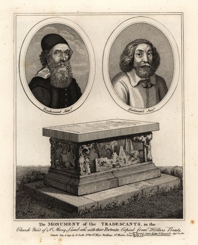 प्रकृतिवादियों और संग्रहकर्ताओं के अंडाकार चित्र जॉन ट्रेडस्केंट द एल्डर एंड यंगर, और सेंट मैरी लैम्बेथ के चर्चयार्ड में उनकी कब्र स्मारक द्वारा जॉन थॉमस स्मिथ