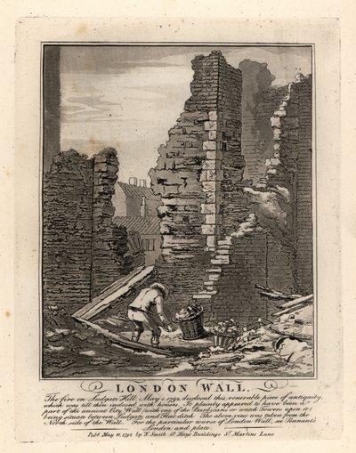 लुडगेट हिल पर मई 1792 की आग से रोमन लंदन की दीवार के खंडहर उजागर हुए द्वारा जॉन थॉमस स्मिथ