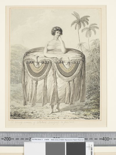 F.12 ओटाहेइट की एक युवा महिला एक उपहार ला रही है, c.1773-84 (जल रंग) द्वारा जॉन वेबर