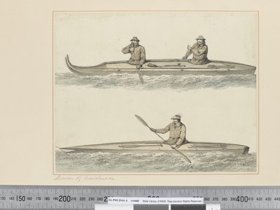 F.30 Canoes of Oonalashka, प्रिंस विलियम साउंड, c.1773-84 (वाटरकलर) द्वारा जॉन वेबर