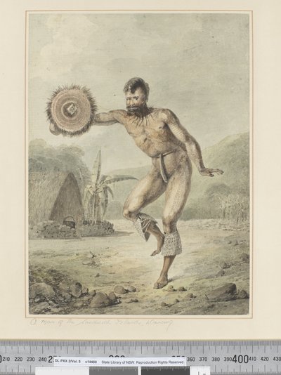 F.36 सैंडविच द्वीप समूह का एक आदमी, नृत्य, c.1773-84 (जल रंग) द्वारा जॉन वेबर