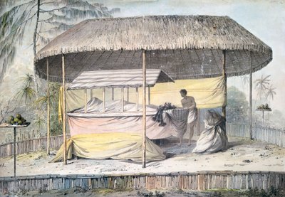 कैप्टन जेम्स कुक की अंतिम यात्रा (1776-1779), पोलिनेशिया के विवरण से जॉन वेबर (1750-1793) द्वारा कैनोपी, ताहिती, सोसाइटी आइलैंड्स, वॉटरकलर के तहत मृतक के साथ अंतिम संस्कार द्वारा जॉन वेबर