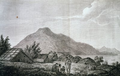 जेम्स कुक (1776-1779) की अंतिम यात्रा के खाते से जॉन वेबर (1750-1793) द्वारा ड्राइंग के आधार पर, मोटुआरा द्वीप पर हिप्पा के अंदर। एनग्रेविंग द्वारा जॉन वेबर