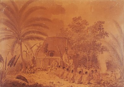 कैप्टन जेम्स कुक को भेंट, जॉन वेबर द्वारा उत्कीर्ण, पोलिनेशिया 18 वीं शताब्दी। द्वारा जॉन वेबर