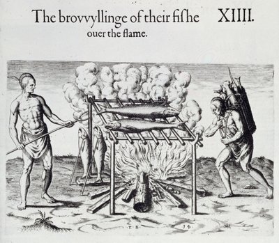 कुकिंग फिश, थॉमस हैरियट (1560-1621) पब द्वारा &39;ए ब्रीफ एंड ट्रू रिपोर्ट ऑफ द न्यू फाउंड लैंड ऑफ वर्जीनिया&39; से प्लेट। 1590 द्वारा जॉन व्हाइट