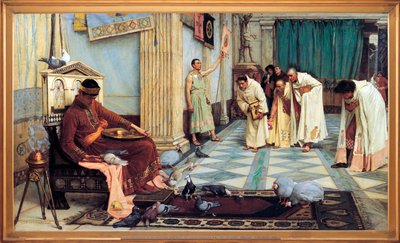 quot;पश्चिमी रोमन सम्राट होनोरियस (384-423) के पसंदीदाquot; सम्राट द्वारा अपने पक्षियों को भोजन खिलाते हुए तथा उनके सलाहकारों द्वारा विनम्रतापूर्वक झुककर प्रणाम करते हुए चित्रण - जॉन विलियम वॉटरहाउस (1849-1917) द्वारा चित्रकारी 1883 आर्ट गैलरी ऑफ़ साउथ ऑस् द्वारा जॉन विलियम वॉटरहाउस