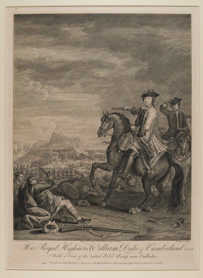 एचआरएच विलियम (1721-65) ड्यूक ऑफ कंबरलैंड, 1746 में कुल्लोडेन के पास रुकी सेना के एक दृश्य के साथ, बी। बैरन, 1747 द्वारा जॉन वॉटन