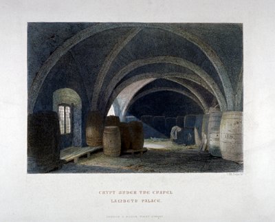 1851 में लंदन के लैम्बेथ पैलेस में चैपल के नीचे बैरल से भरा क्रिप्ट। द्वारा जॉन व्येकहम आर्चर