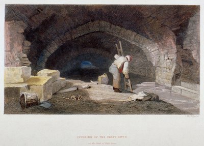 फील्ड लेन, सिटी ऑफ़ लंदन, 1851 के पीछे फ्लीट डिच का आंतरिक भाग। द्वारा जॉन व्येकहम आर्चर