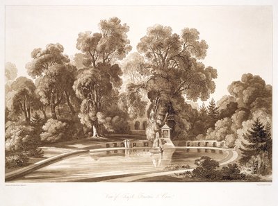 फ्रेडरिक क्रिश्चियन लुईस Snr द्वारा उत्कीर्ण मंदिर फाउंटेन और गुफा, Sezincote का दृश्य। (1779-1856), c.1817-18 (सीपिया एक्वाटिंट) (देखें 171663) द्वारा मार्टिन के बाद जॉन