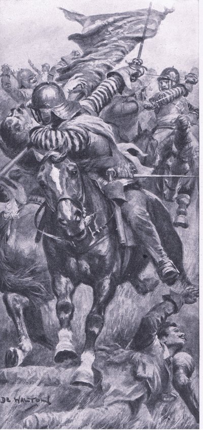 23 वीं अक्टूबर 1642 को एजहिल में लेफ्टिनेंट जॉन स्मिथ ने राजाओं के मानक को रद्द करते हुए, लैंड एंड सी, 1915 में ब्रिटिश लड़ाइयों का चित्रण किया। द्वारा जॉन डी वाल्टन