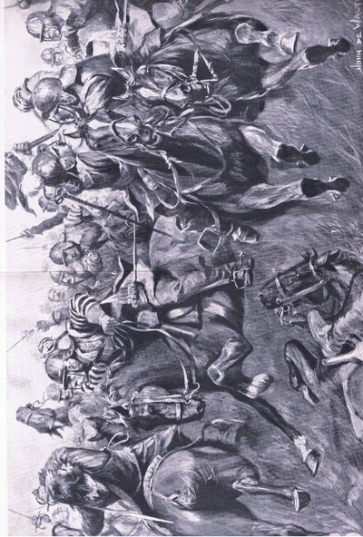 मारस्टन मूर, 2 जुलाई 1644: लेस्ली के तहत स्कॉटिश घुड़सवार सेना, राजकुमार रॉपरट्स फ्लैंक पर हमला करते हुए, लैंड और सी, 1915 पर ब्रिटिश लड़ाईयों का चित्रण द्वारा जॉन डी वाल्टन