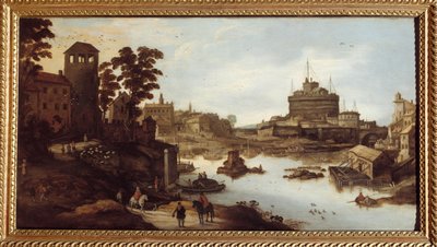 रोम में Tiber (Tevere) और Castel Sant'Angelo (Castel Sant'Angelo) का दृश्य दाईं ओर स्टिल्ट पर एक घर। जोस मोम्पर II (1564-1635) द्वारा 17 वीं शताब्दी की पेंटिंग चालोंस सुर मार्ने, नगरपालिका संग्रहालय द्वारा जोस या जोसे डे द यंगर मोम्पर