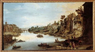 रोम में Tiber (Tevere) का दृश्य बाईं ओर स्टिल्ट पर एक घर। जोस मोम्पर II द्वारा चित्रकारी (1564-1635) द्वारा जोस या जोसे डे द यंगर मोम्पर