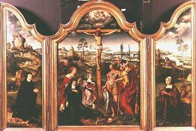 Triptych: डोनर्स (तेल) घुटने टेककर क्रूस पर चढ़ाई द्वारा जोस वैन क्लीव