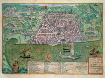 जॉर्ज ब्राउन (1541-1622) और फ्रैंस होगेनबर्ग (1535-90), c.1572 (रंगीन उत्कीर्णन) द्वारा 'सिविटेट्स ऑर्बिस टेरारम' से अल्जीयर्स का नक्शा द्वारा जोरिस (बाद) होफनेगल