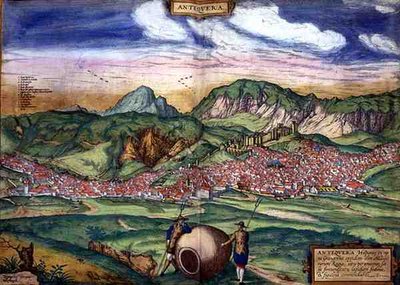 जॉर्ज ब्राउन (1541-1622) और फ्रैंस होगेनबर्ग (1535-90), c.1572 (रंगीन उत्कीर्णन) द्वारा 'सिविटेट्स ऑर्बिस टेरारम' से एंटीक्वेरा का नक्शा द्वारा जोरिस (बाद) होफनेगल
