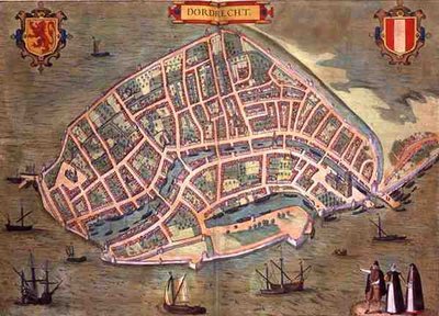 जॉर्ज ब्रौन (1541-1622) और फ्रैंस होजेनबर्ग (1535-90), c.1572 (रंगीन उत्कीर्णन) द्वारा 'सिविटेट्स ऑर्बिस टेरारम' से डॉर्ड्रेक्ट का नक्शा द्वारा जोरिस (बाद) होफनेगल