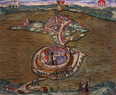 जॉर्ज ब्रौन (1541-1622) और फ्रैंस होगेनबर्ग (1535-90) 1588 (रंगीन उत्कीर्णन) द्वारा 'सिविटेट्स ऑर्बिस टेरारम' से रत्ज़बर्ग का नक्शा द्वारा जोरिस (बाद) होफनेगल