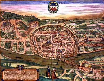 जॉर्ज ब्रौन (1541-1622) और फ्रैंस होगेनबर्ग (1535-90) द्वारा 'दुनिया के शहरों' से संतों का नक्शा द्वारा जोरिस (बाद) होफनेगल