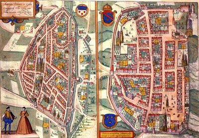 जॉर्ज ब्रौन (1541-1622) और फ्रैंस होगेनबर्ग (1535-90) c.1572-1617 (रंगीन उत्कीर्णन) द्वारा 'सिविटेट्स ऑर्बिस टेरारम' से चार्टर्स और डुनोइस के मानचित्र द्वारा जोरिस (बाद) होफनेगल