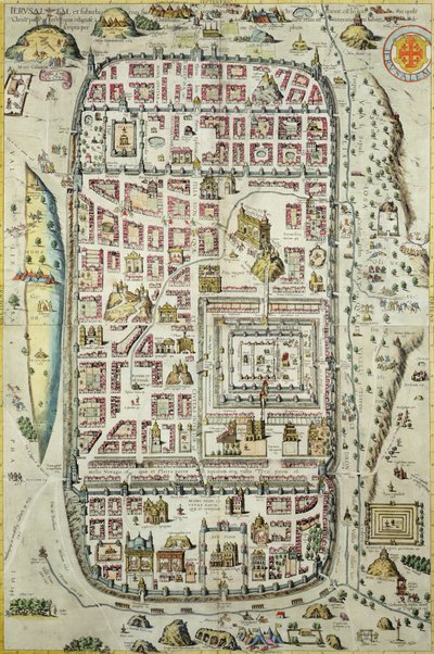 जेरूसलम और आसपास के क्षेत्र का नक्शा, जॉर्ज ब्रौन (1541-1622) और फ्रैंस होजनबर्ग (1535-90) c.1572-1617 (138905-96 देखें) द्वारा &39;Civitates Orbis Terrarum&39; द्वारा जोरिस हॉफनागल